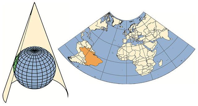 Projeção cônica. Fonte: Atlas Escolar IBGE.