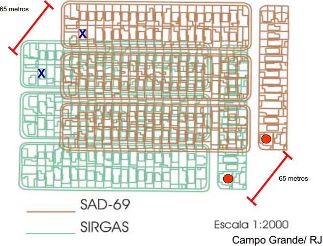 Discrepância entre um mesmo ponto em SAD69 e SIRGAS2000 em regiões urbanas. Fonte: 'SIRGAS 2000, quando iniciar a sua utilização?'
